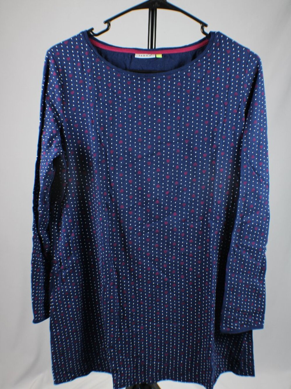 Serra Womens Medium Navy Blue White Polka Dot Red Heart Long Sleeve Top M